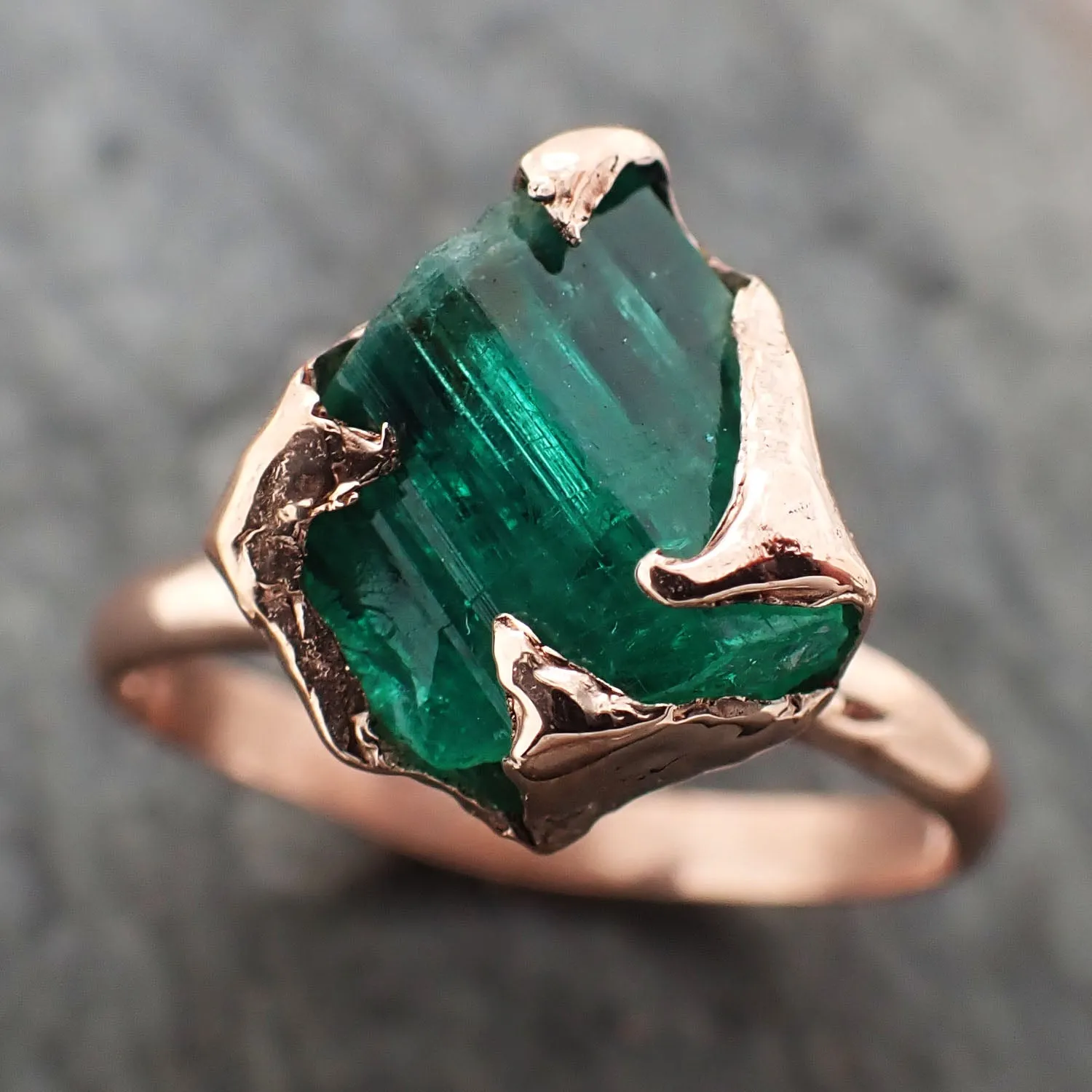 raw emerald ring in 14k rose gold green uncut rough gemstone recycled gold 2320 Alternative Engagement