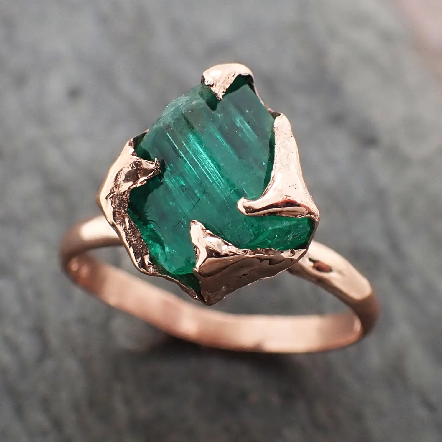 raw emerald ring in 14k rose gold green uncut rough gemstone recycled gold 2320 Alternative Engagement