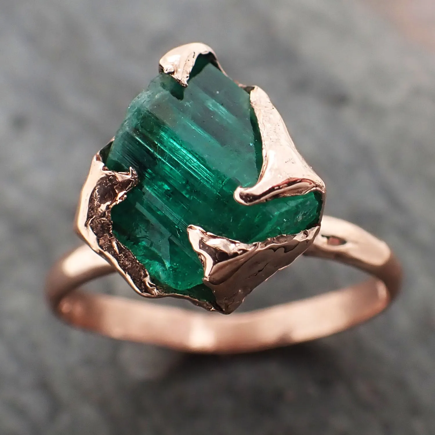 raw emerald ring in 14k rose gold green uncut rough gemstone recycled gold 2320 Alternative Engagement