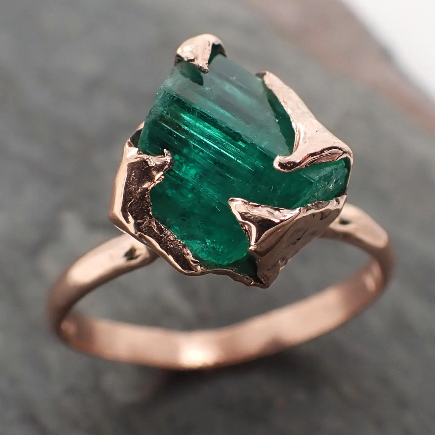 raw emerald ring in 14k rose gold green uncut rough gemstone recycled gold 2320 Alternative Engagement