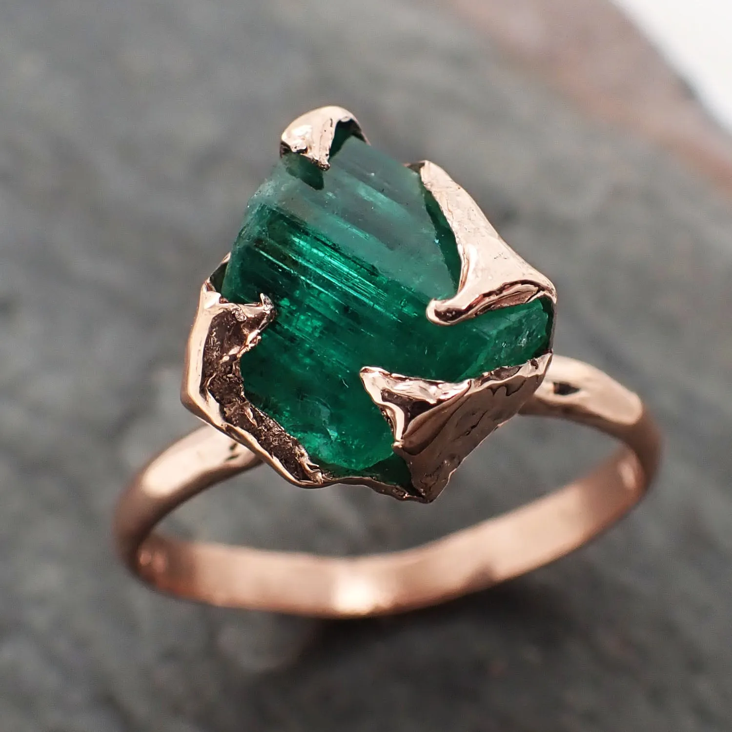 raw emerald ring in 14k rose gold green uncut rough gemstone recycled gold 2320 Alternative Engagement