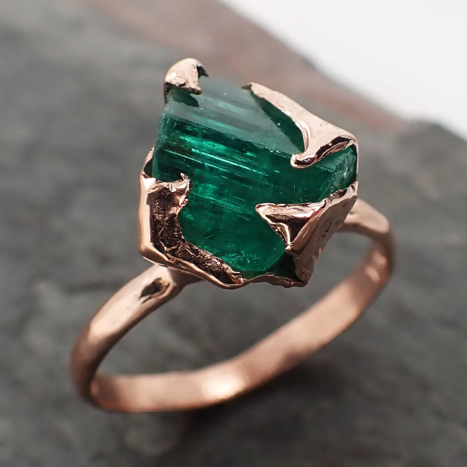 raw emerald ring in 14k rose gold green uncut rough gemstone recycled gold 2320 Alternative Engagement
