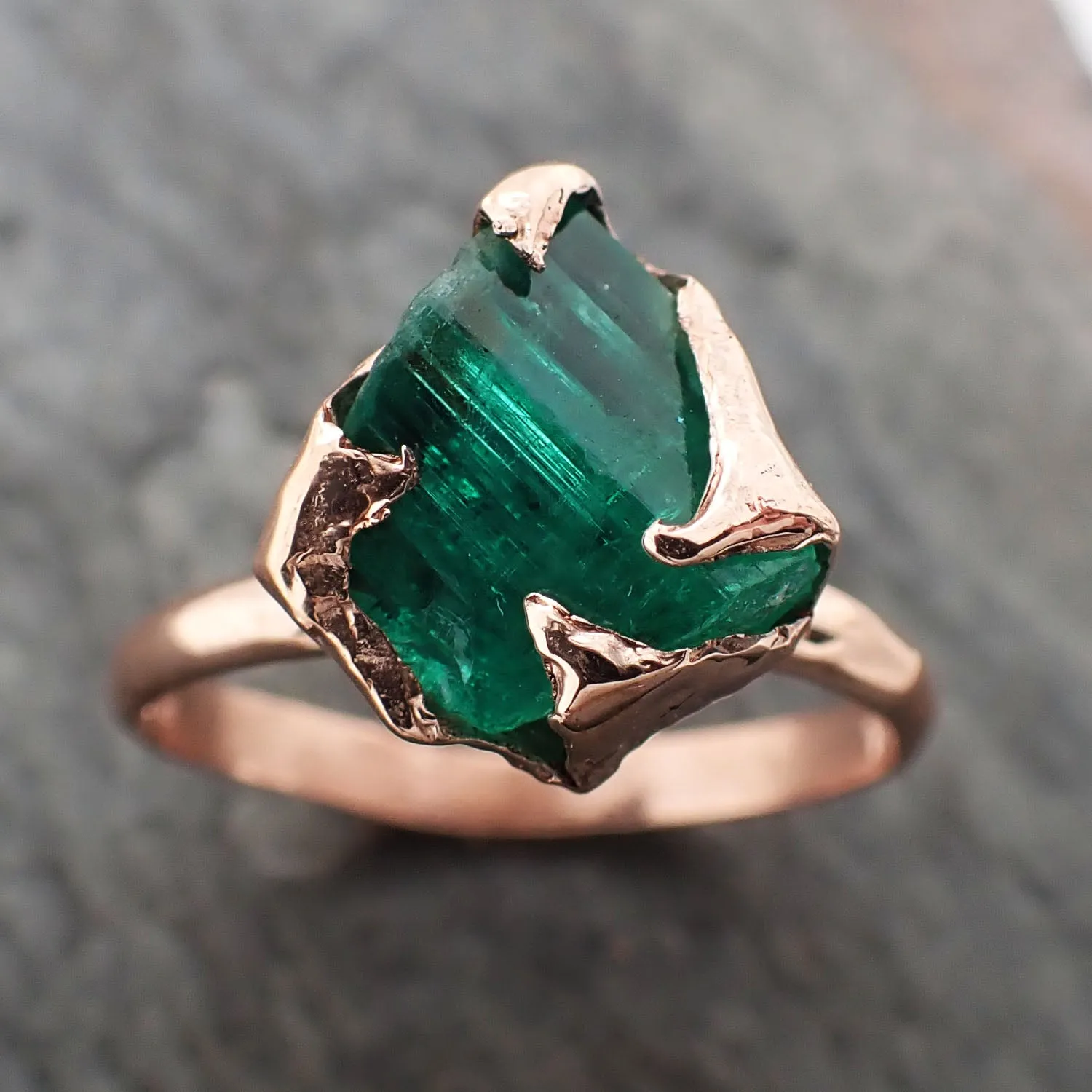 raw emerald ring in 14k rose gold green uncut rough gemstone recycled gold 2320 Alternative Engagement
