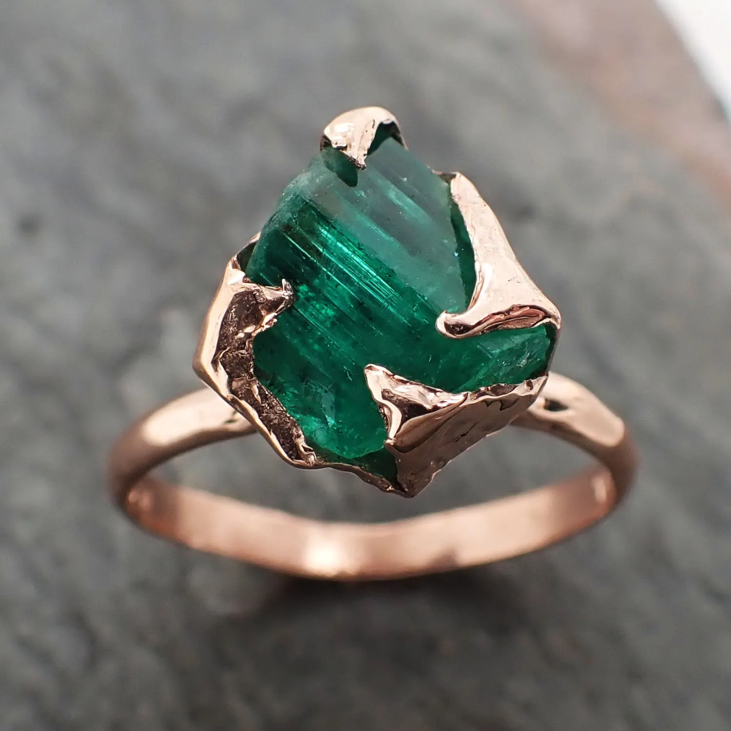 raw emerald ring in 14k rose gold green uncut rough gemstone recycled gold 2320 Alternative Engagement