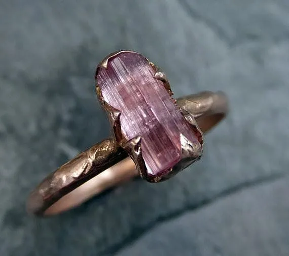 raw pink tourmaline rose gold ring rough uncut pastel pink gemstone promise engagement wedding recycled 14k size stacking Alternative Engagement