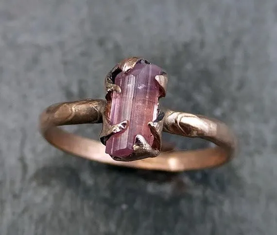 raw pink tourmaline rose gold ring rough uncut pastel pink gemstone promise engagement wedding recycled 14k size stacking Alternative Engagement
