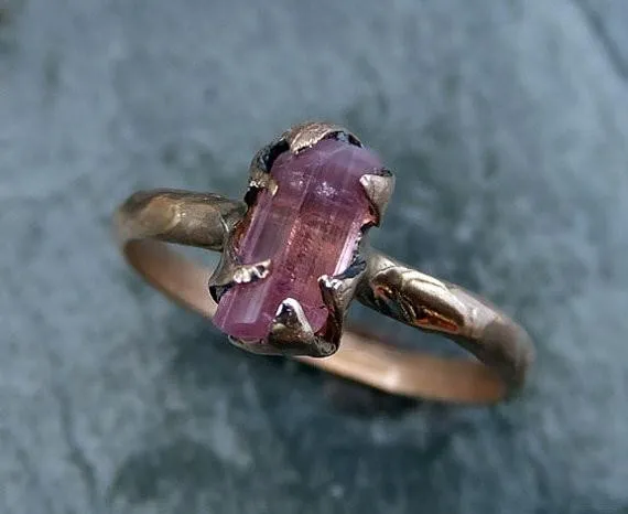 raw pink tourmaline rose gold ring rough uncut pastel pink gemstone promise engagement wedding recycled 14k size stacking Alternative Engagement
