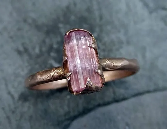 raw pink tourmaline rose gold ring rough uncut pastel pink gemstone promise engagement wedding recycled 14k size stacking Alternative Engagement