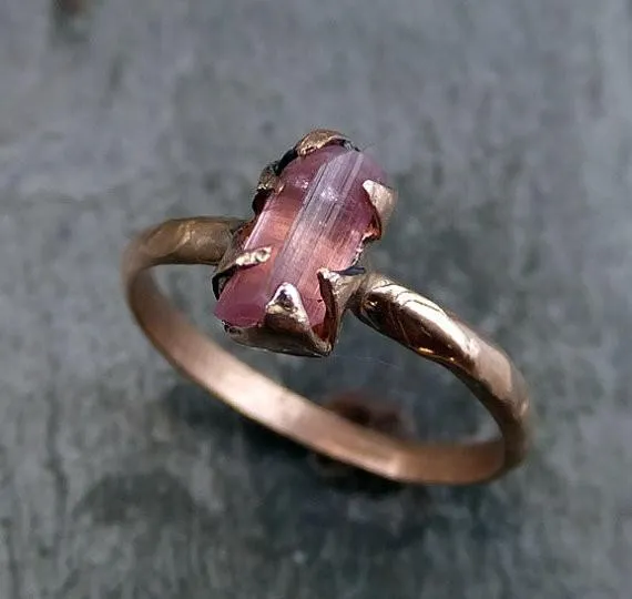 raw pink tourmaline rose gold ring rough uncut pastel pink gemstone promise engagement wedding recycled 14k size stacking Alternative Engagement