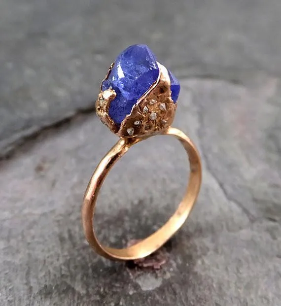 raw tanzanite crystal rose gold ring rough uncut gemstone tanzanite diamond recycled 14k stacking statement Alternative Engagement