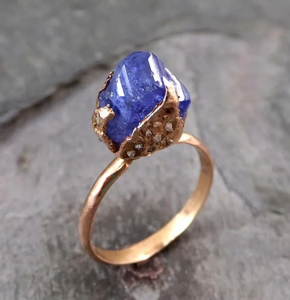 raw tanzanite crystal rose gold ring rough uncut gemstone tanzanite diamond recycled 14k stacking statement Alternative Engagement