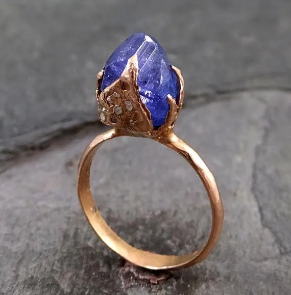 raw tanzanite crystal rose gold ring rough uncut gemstone tanzanite diamond recycled 14k stacking statement Alternative Engagement