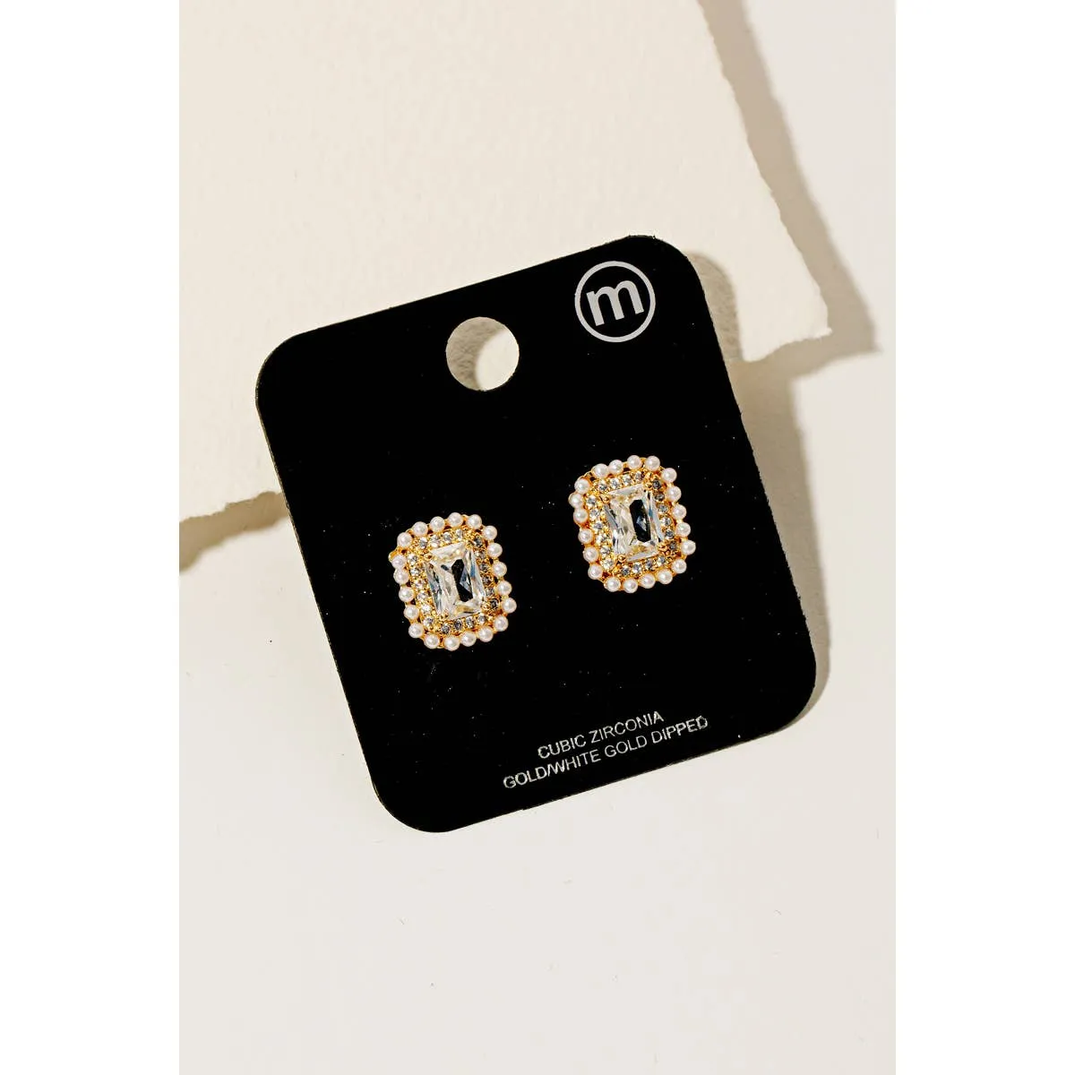 Rectangle Cz Pearl Stud Earrings