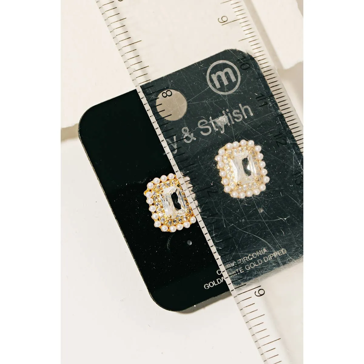 Rectangle Cz Pearl Stud Earrings