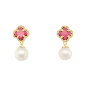 Red Clover and Pearl Stud Earrings in 9ct Yellow Gold Silver Infused