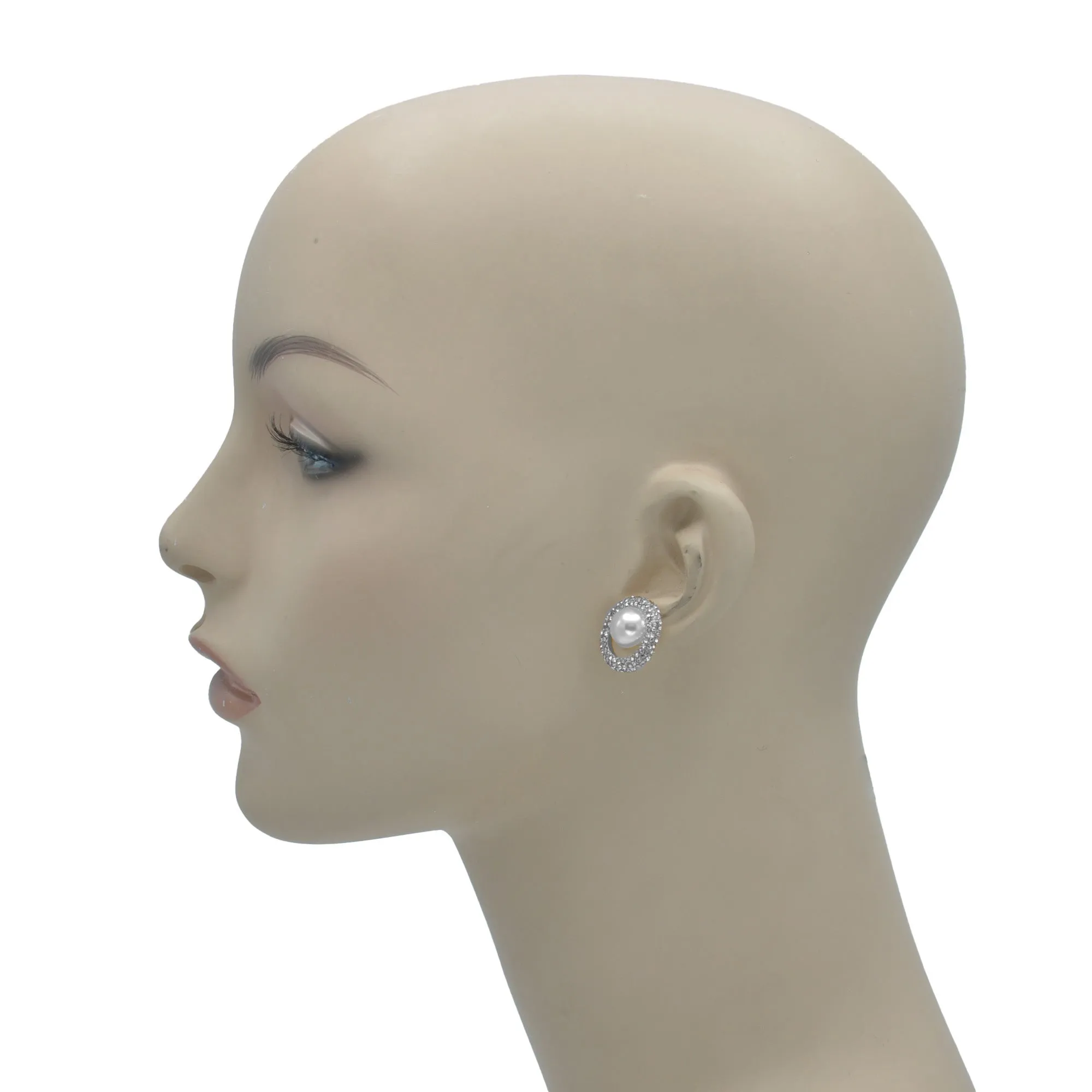 RHODIUM CRYSTAL AND CREAM PEARL OVAL STUD EARRINGS # HNE90683RD(OD8)