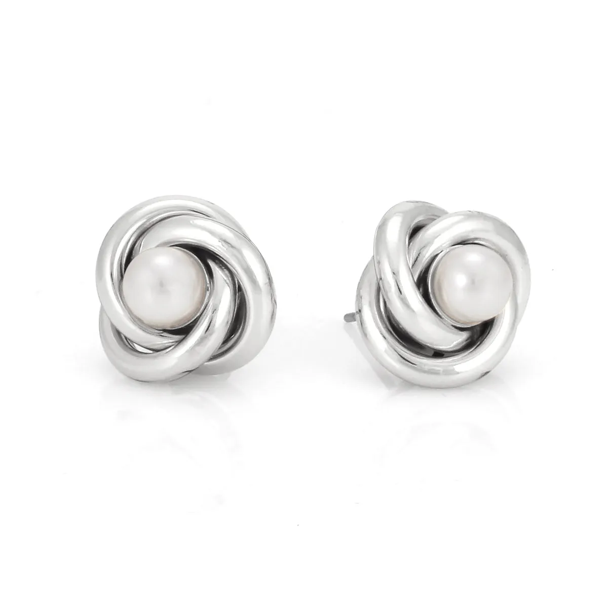 RHODIUM WHITE PEARL LOVE KNOT STUD EARRINGS #SWR-CP5602 RHO (SD6)