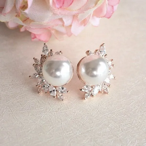 Rose Gold Bridal Pearl Stud Earrings, Pearl Marquise CZ Leaf Crystals Wedding Stud Earrings, Vintage Style Art Deco Bridal Earrings