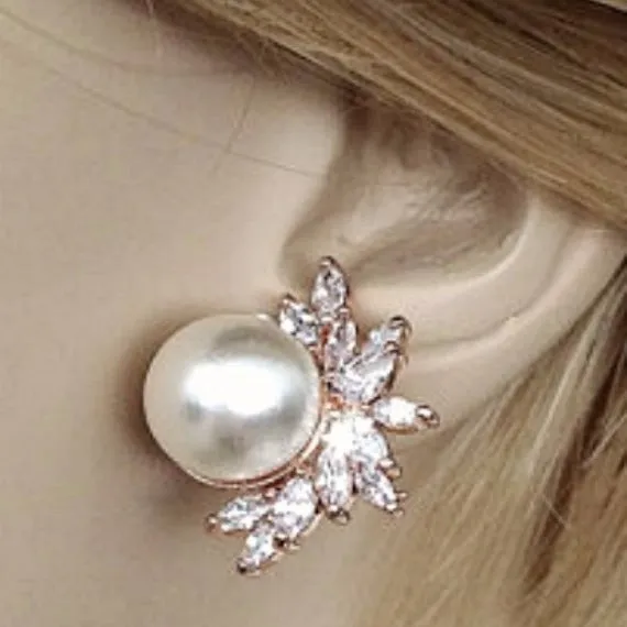 Rose Gold Bridal Pearl Stud Earrings, Pearl Marquise CZ Leaf Crystals Wedding Stud Earrings, Vintage Style Art Deco Bridal Earrings