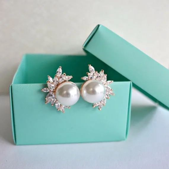 Rose Gold Bridal Pearl Stud Earrings, Pearl Marquise CZ Leaf Crystals Wedding Stud Earrings, Vintage Style Art Deco Bridal Earrings