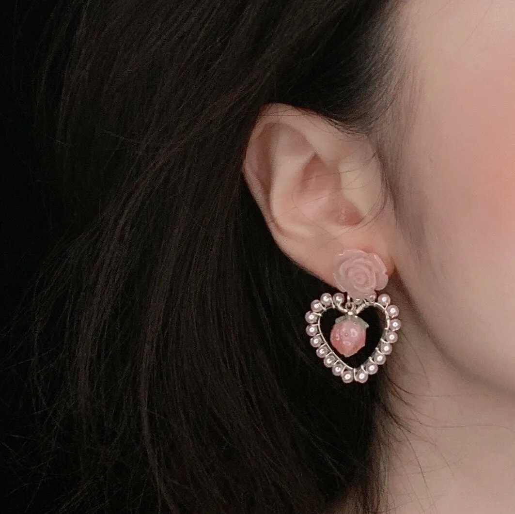 Rose Hoop Romantic Heart Strawberry Earrings