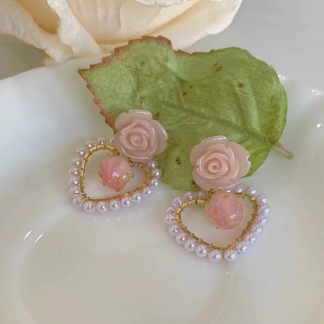 Rose Hoop Romantic Heart Strawberry Earrings