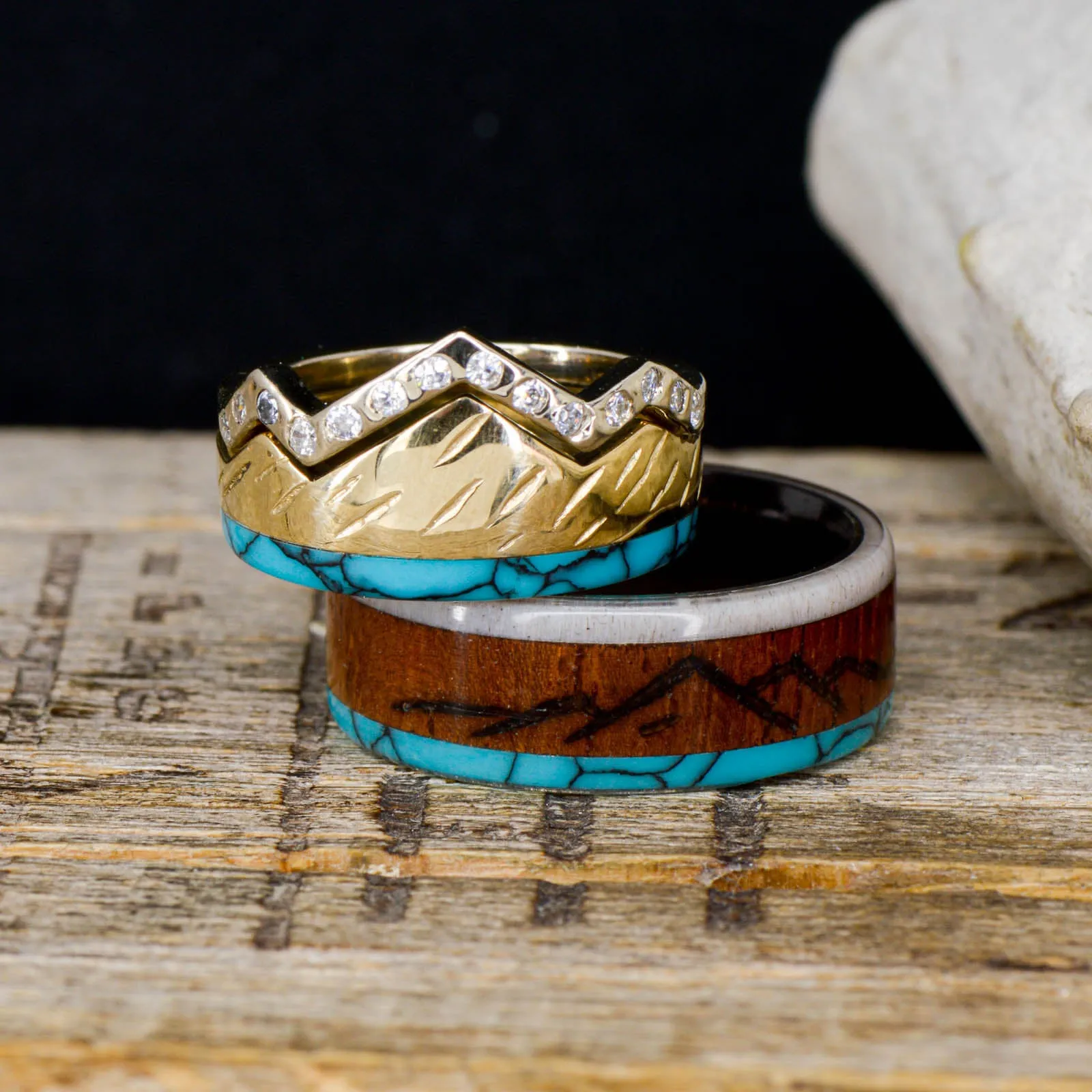 Rosewood, Antler, Turquoise, Diamonds, Gold, "Engraved Mountains"