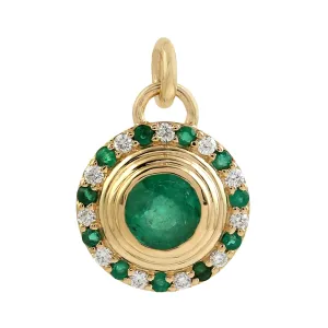 Round Emerald Pave Diamond In Yellow Gold Designer Charm Pendant For Women's
