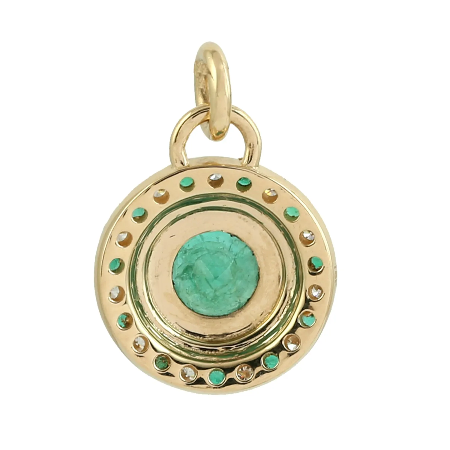 Round Emerald Pave Diamond In Yellow Gold Designer Charm Pendant For Women's