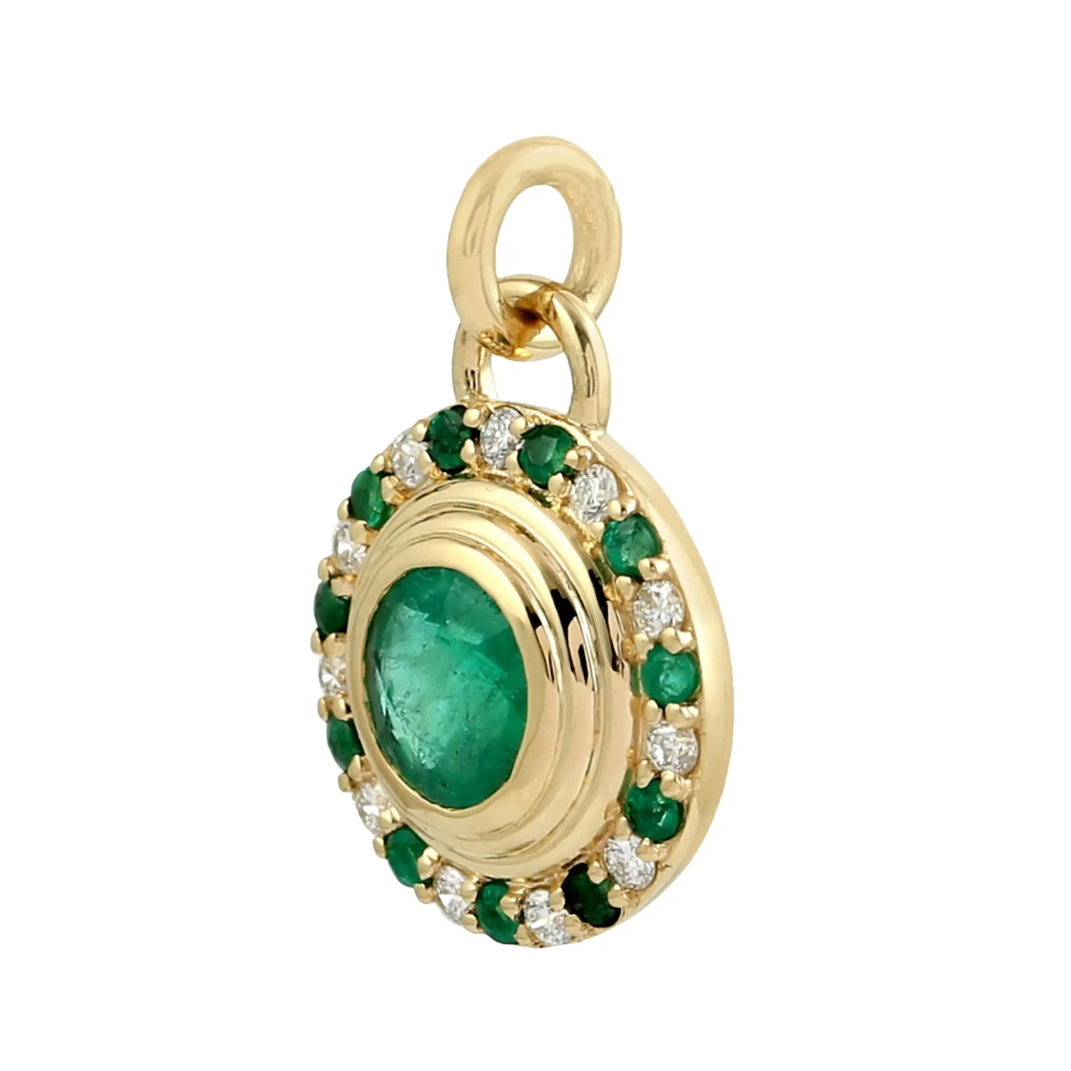 Round Emerald Pave Diamond In Yellow Gold Designer Charm Pendant For Women's