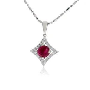 Round Red Emerald & Diamond Contemporary Halo Drop Pendant
