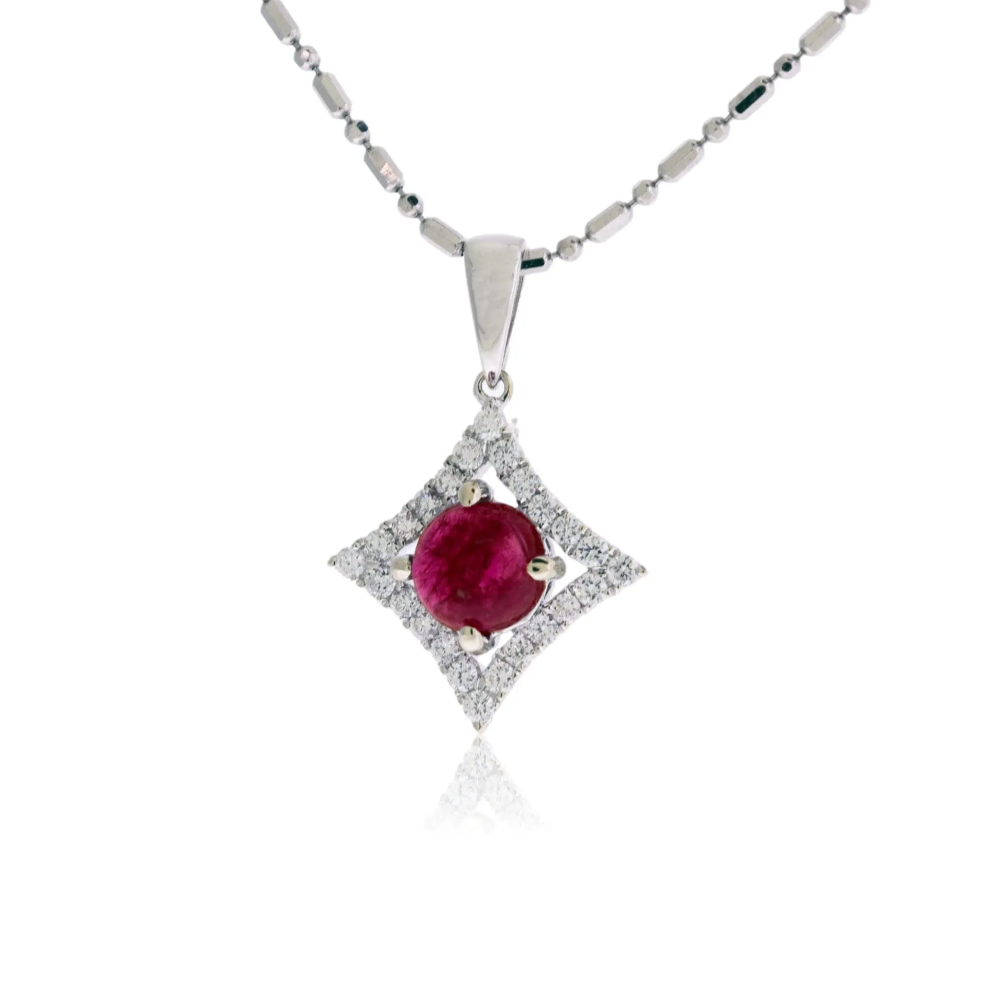 Round Red Emerald & Diamond Contemporary Halo Drop Pendant