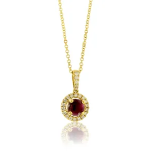 Round Red Emerald & Diamond Halo Drop Pendant