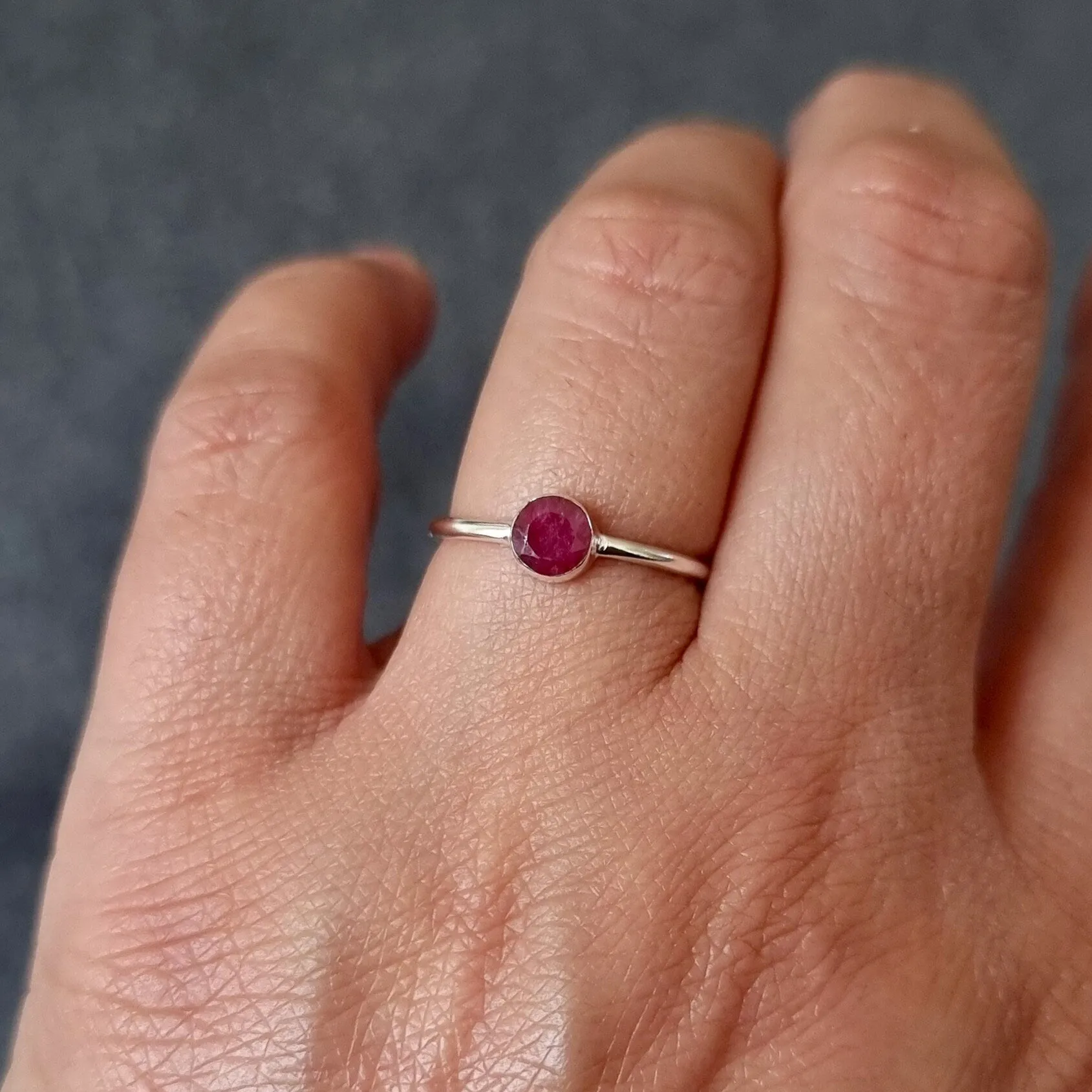Ruby 5mm Round 925 Silver Stacking Ring, R10R