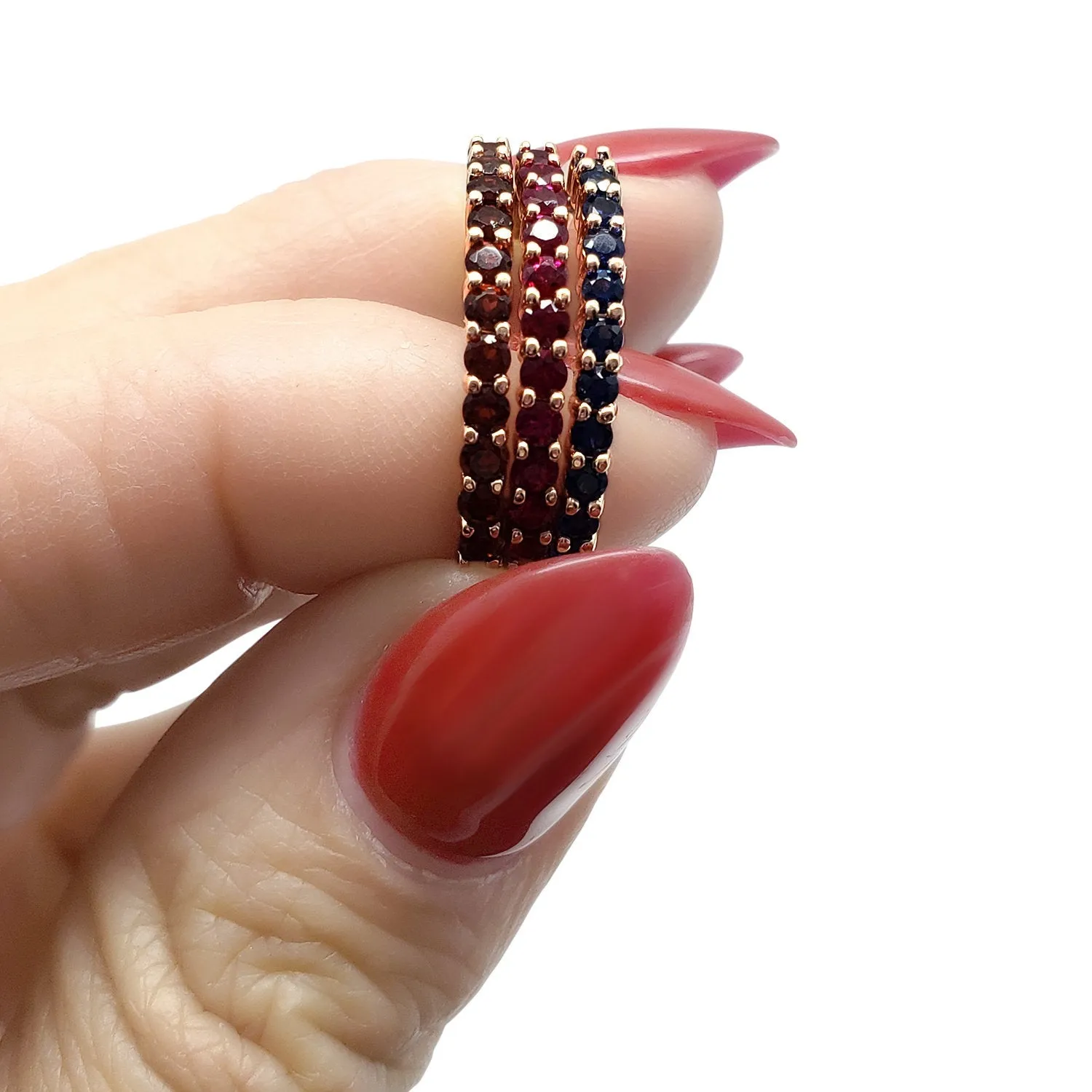 Ruby Stackable Ring 14k Rose Gold, 14k Yellow Gold, or 14k White Gold July Birthstone Zodiac Micro Pave Half eternity Band AA Quality