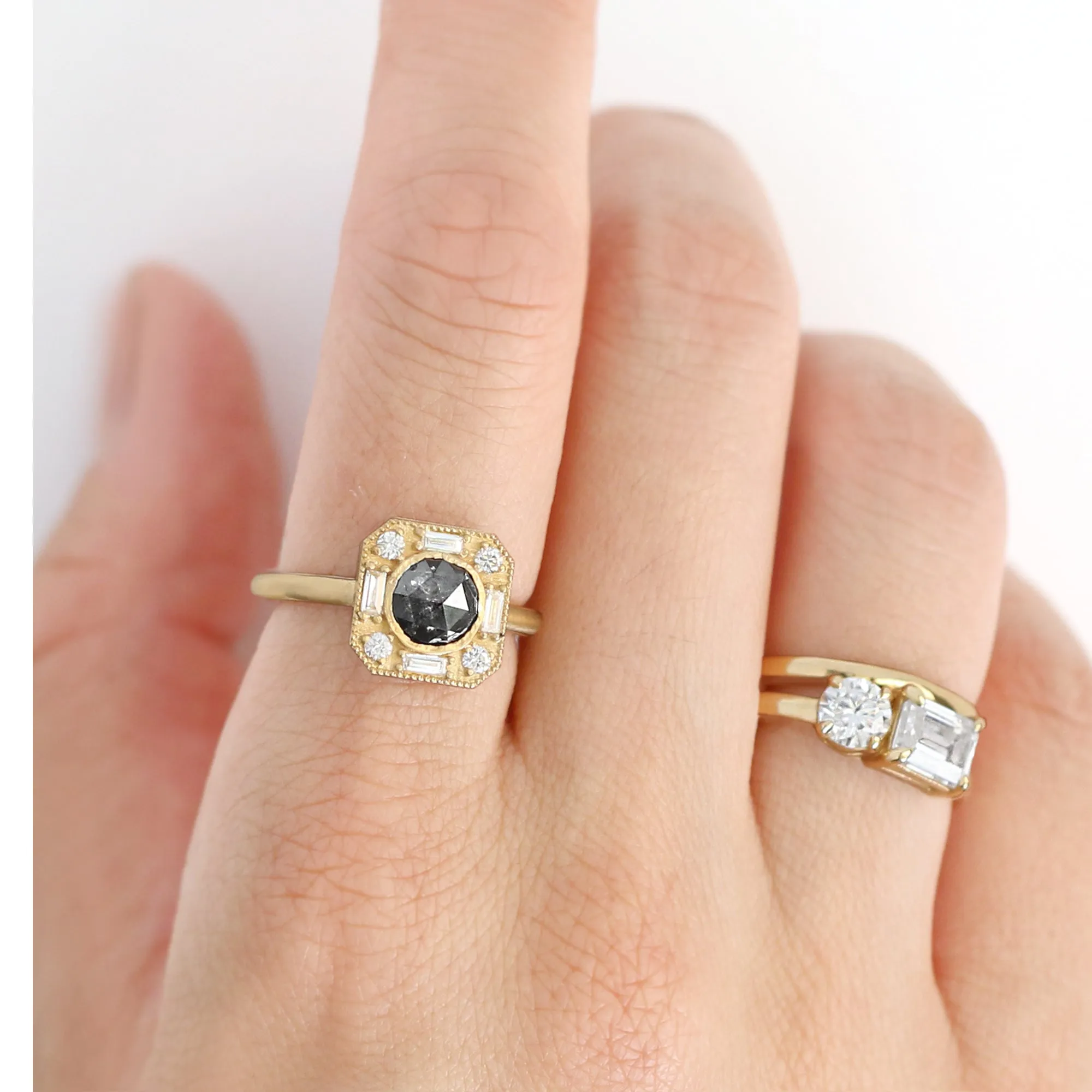 Rustic Bezel Salt and Pepper Diamond Ring
