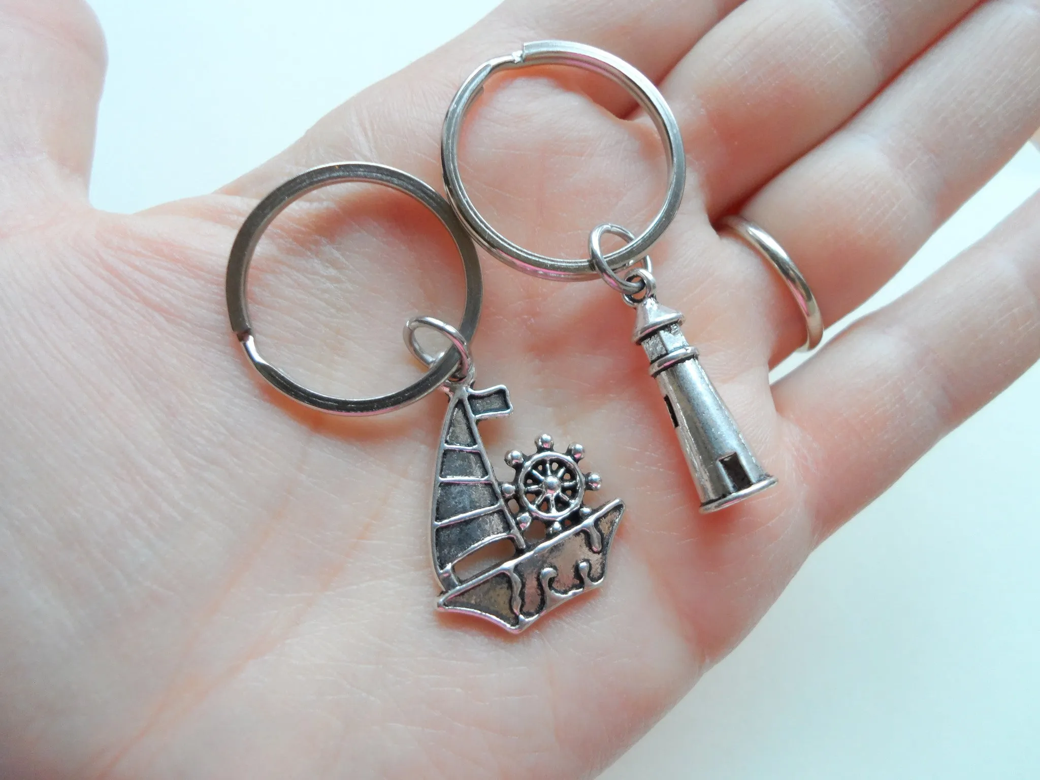 Sailboat & Lighthouse Keychain Set - Your Light Helps Guide Me Home; Couples Keychains, Mother Daughter or Father Son
