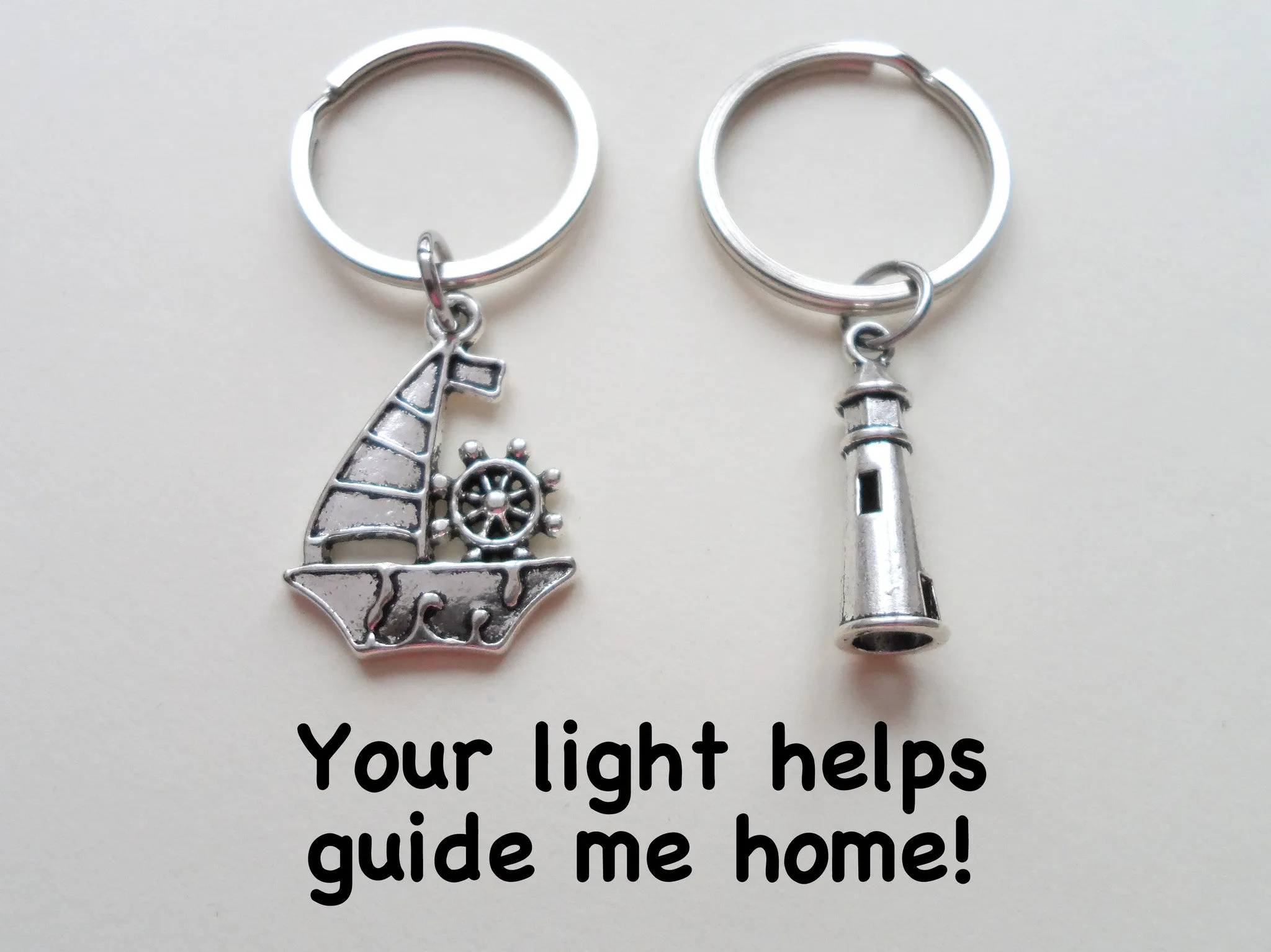 Sailboat & Lighthouse Keychain Set - Your Light Helps Guide Me Home; Couples Keychains, Mother Daughter or Father Son