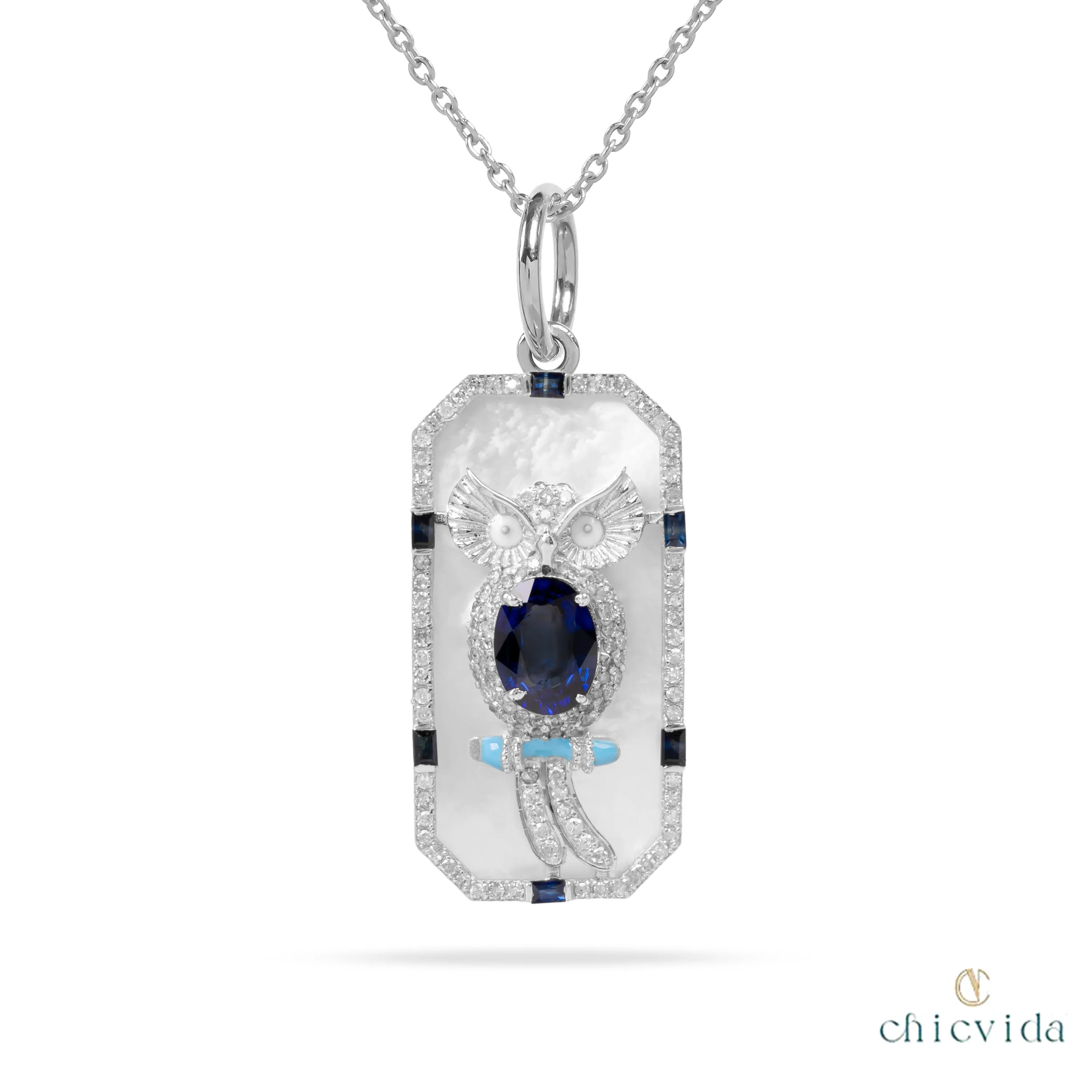 Sapphire & MOP Owl Pendant Necklace
