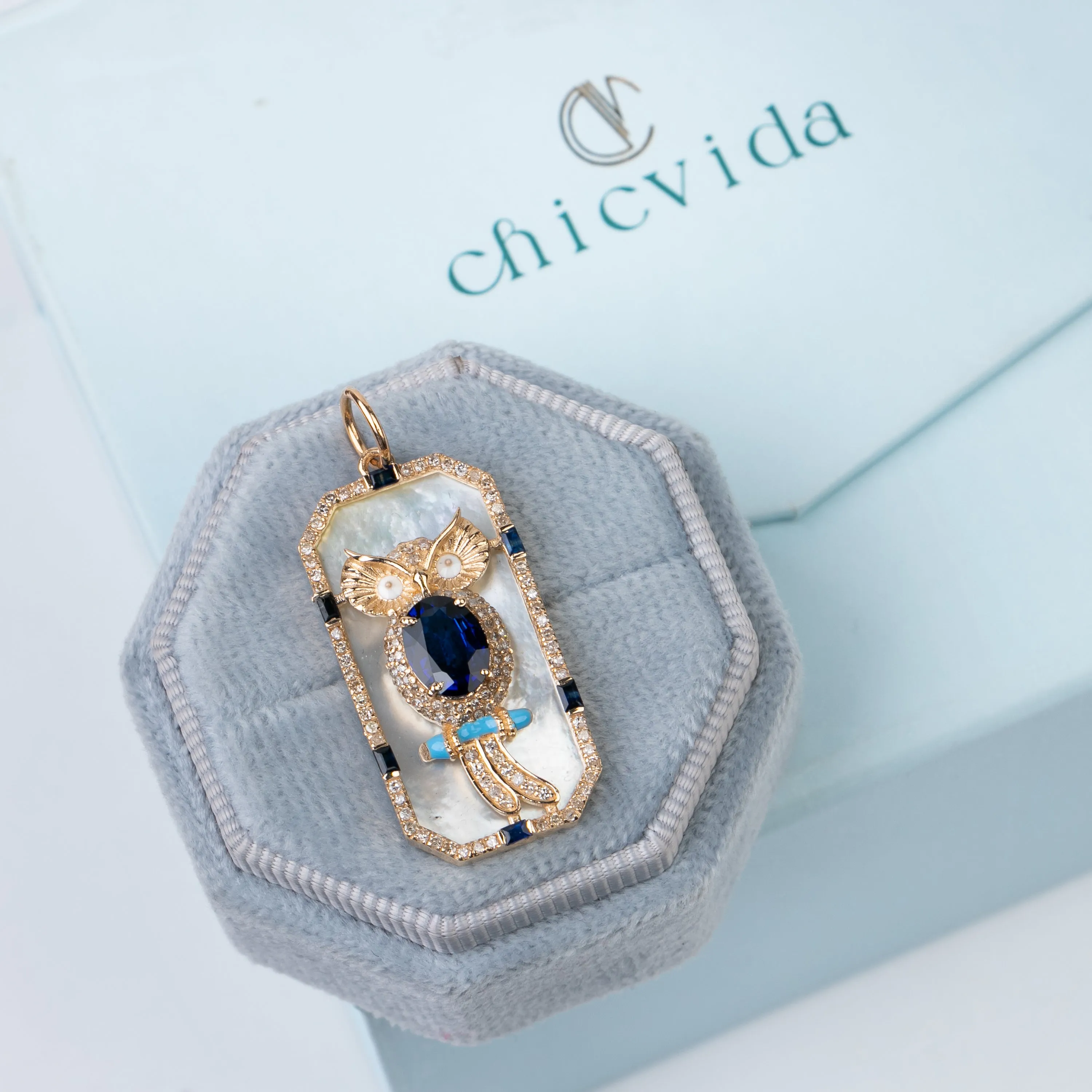 Sapphire & MOP Owl Pendant Necklace