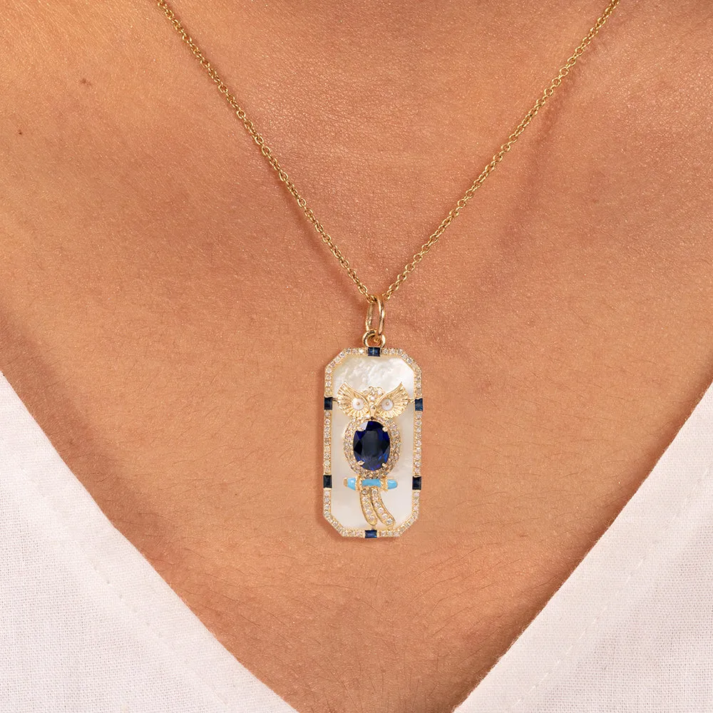 Sapphire & MOP Owl Pendant Necklace