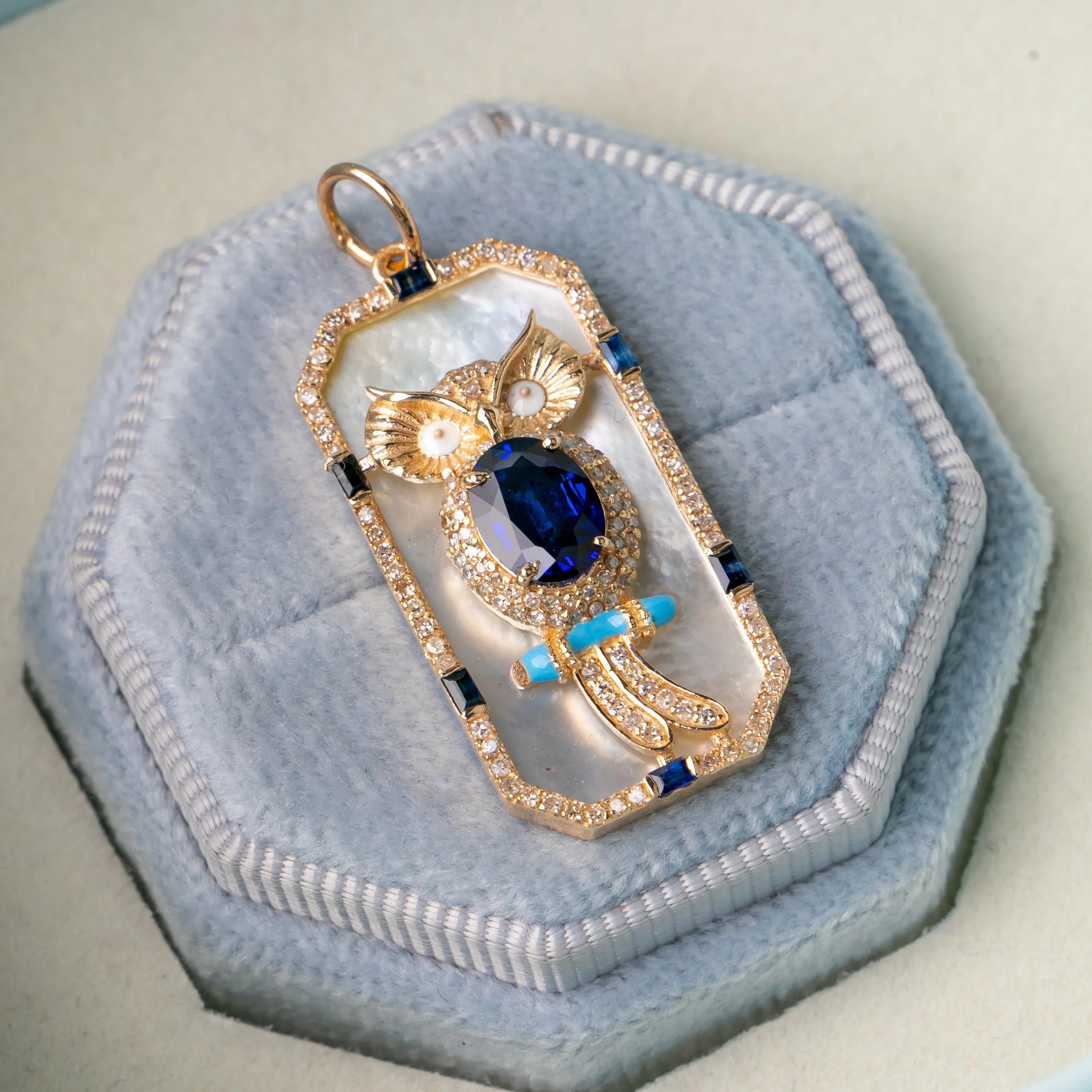 Sapphire & MOP Owl Pendant Necklace