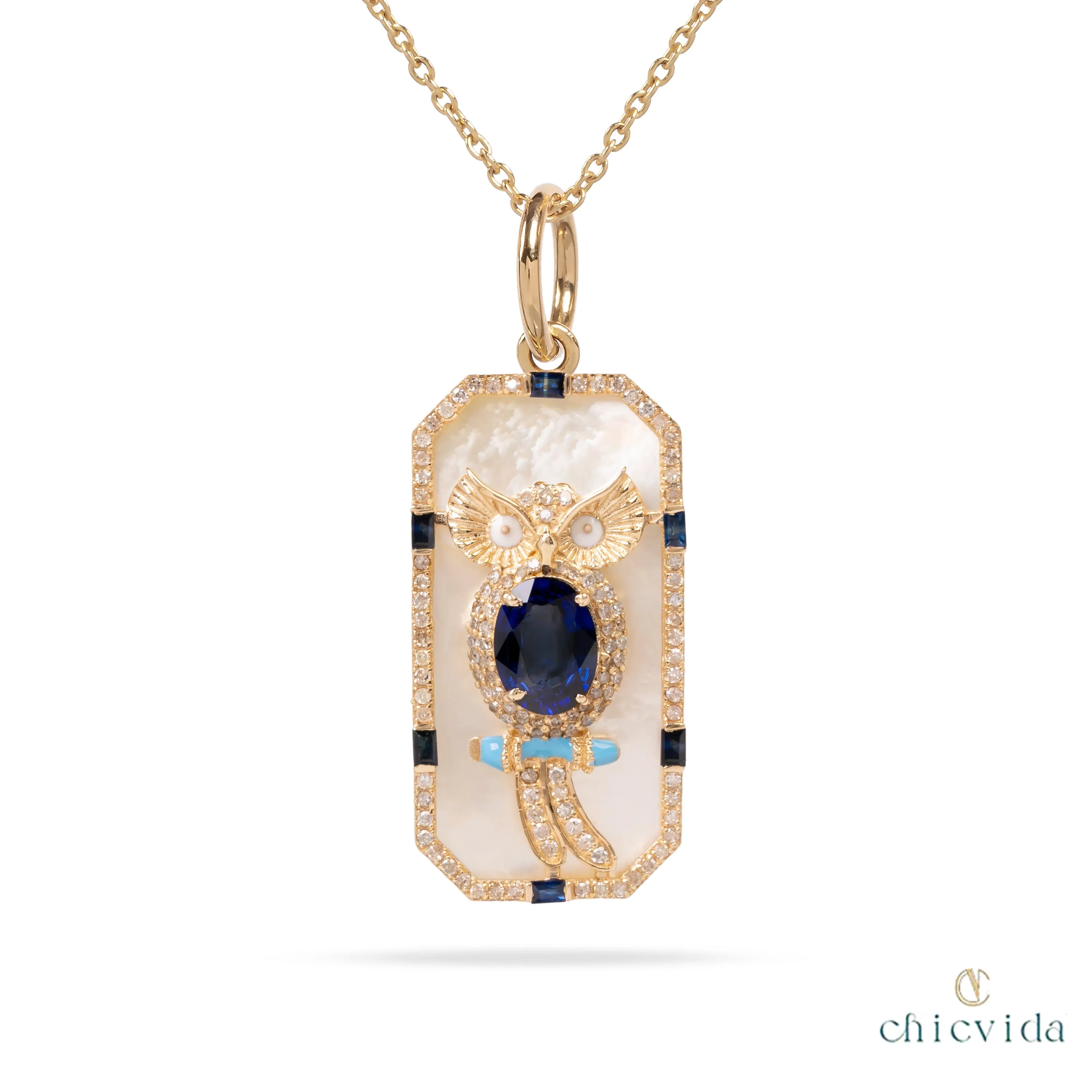 Sapphire & MOP Owl Pendant Necklace