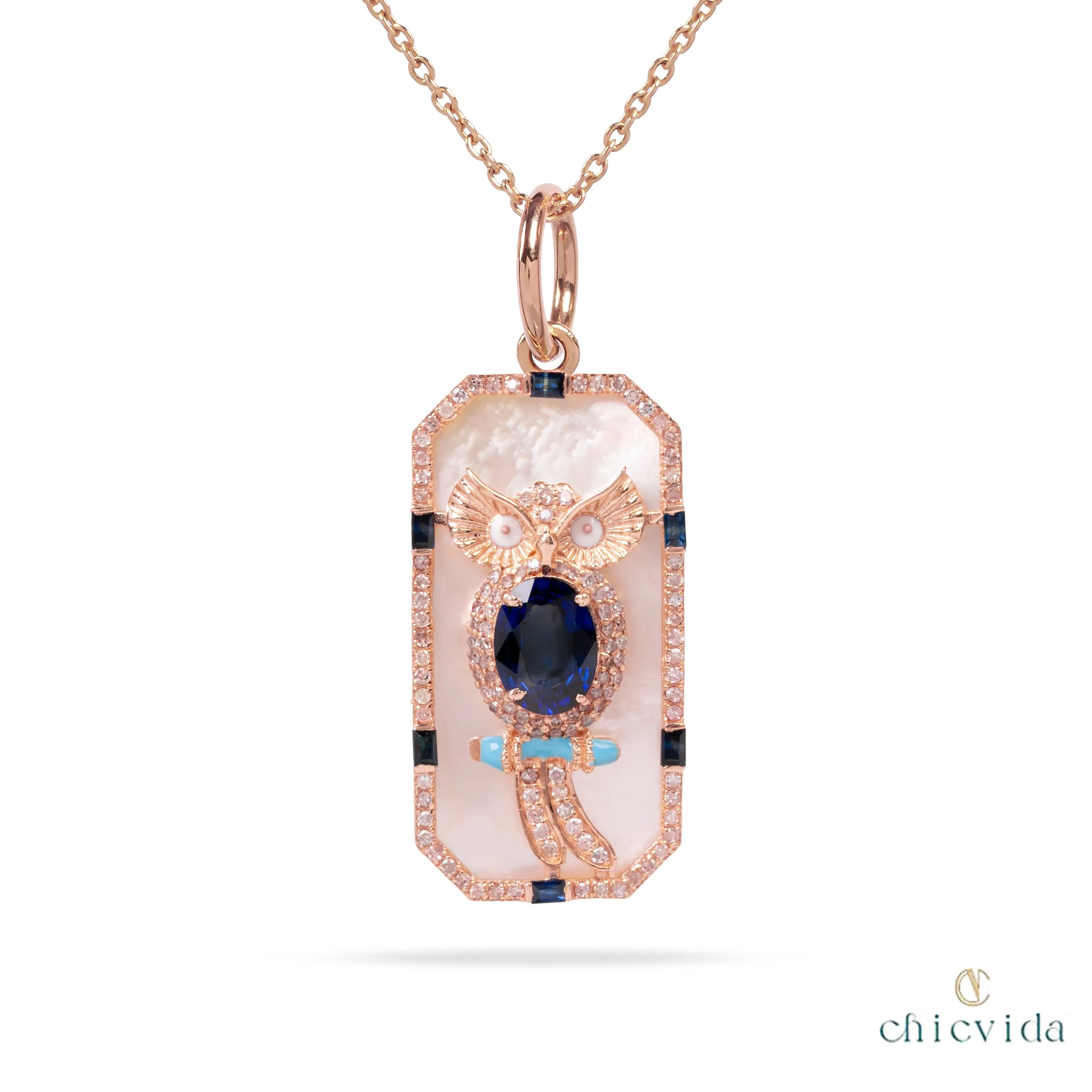 Sapphire & MOP Owl Pendant Necklace