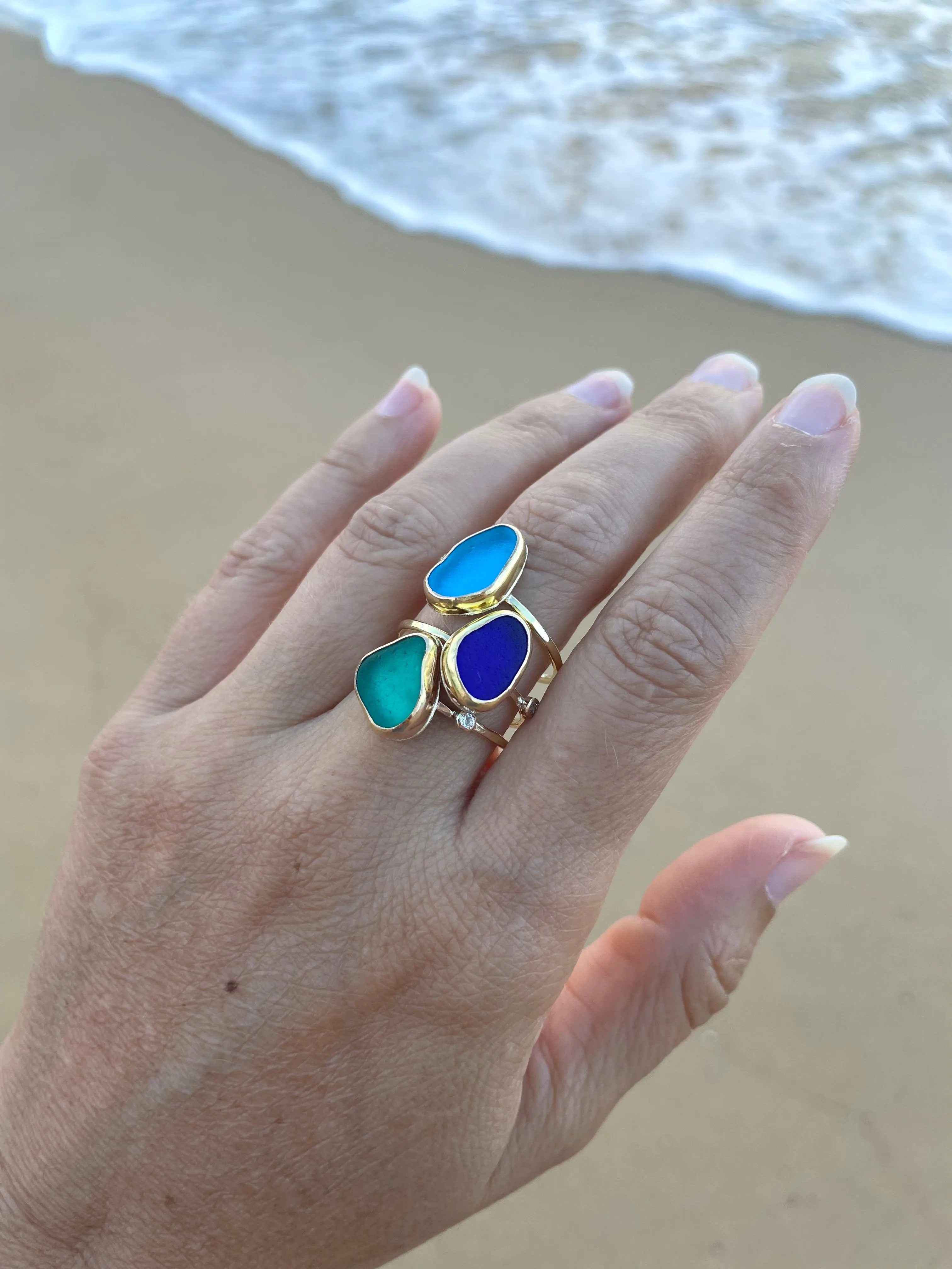 Sea Glass with White Topaz Ring