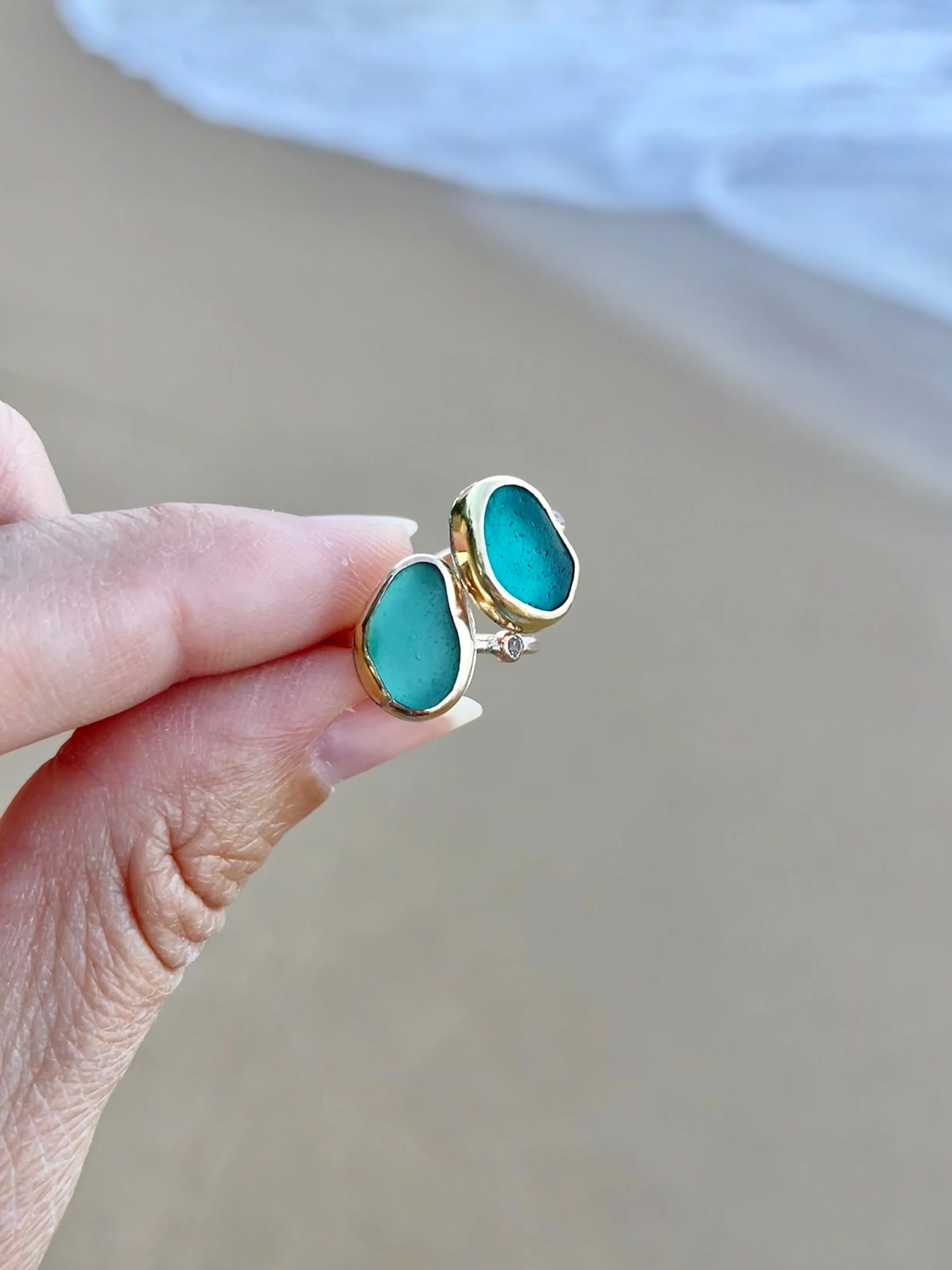 Sea Glass with White Topaz Ring