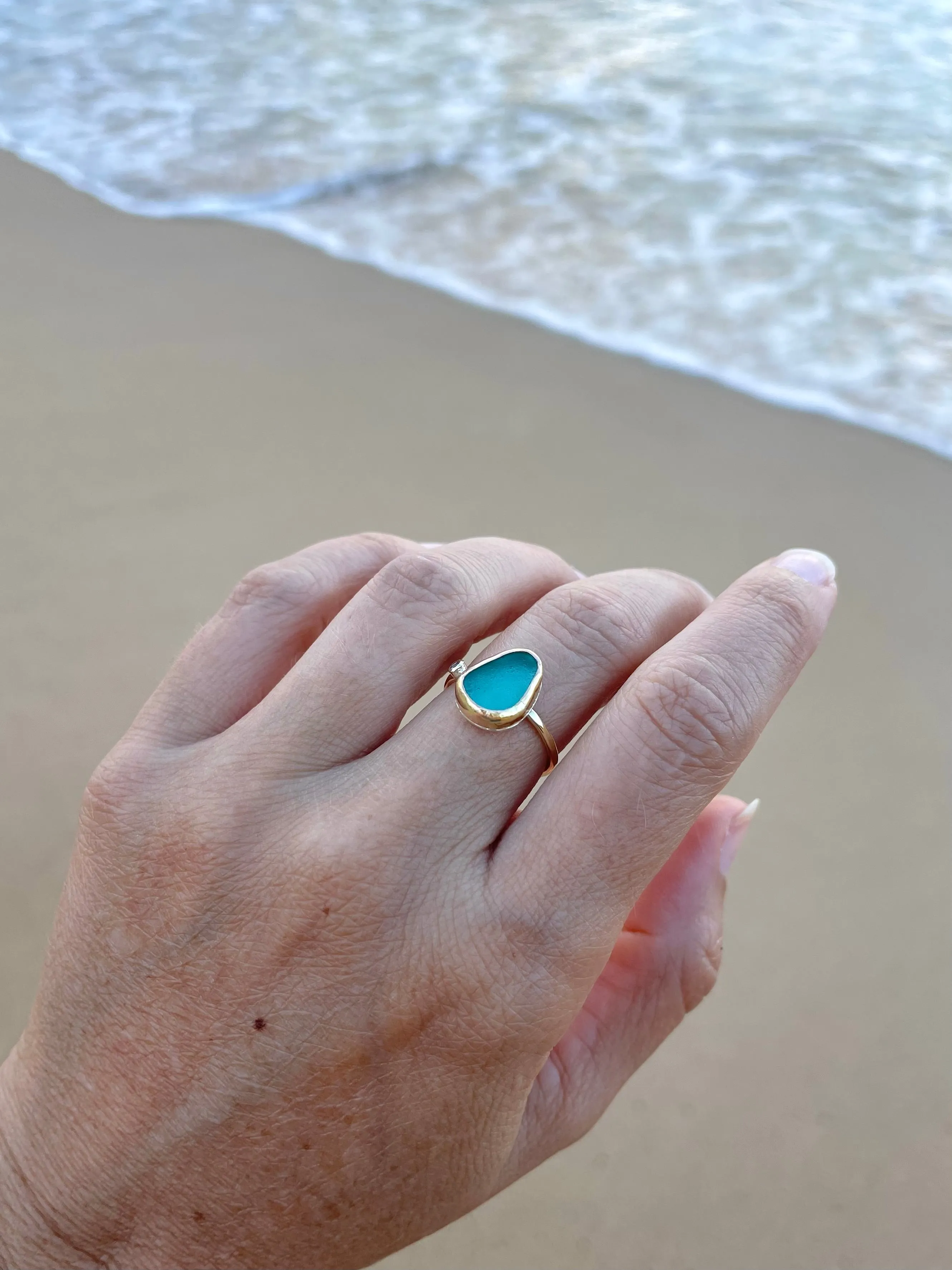 Sea Glass with White Topaz Ring