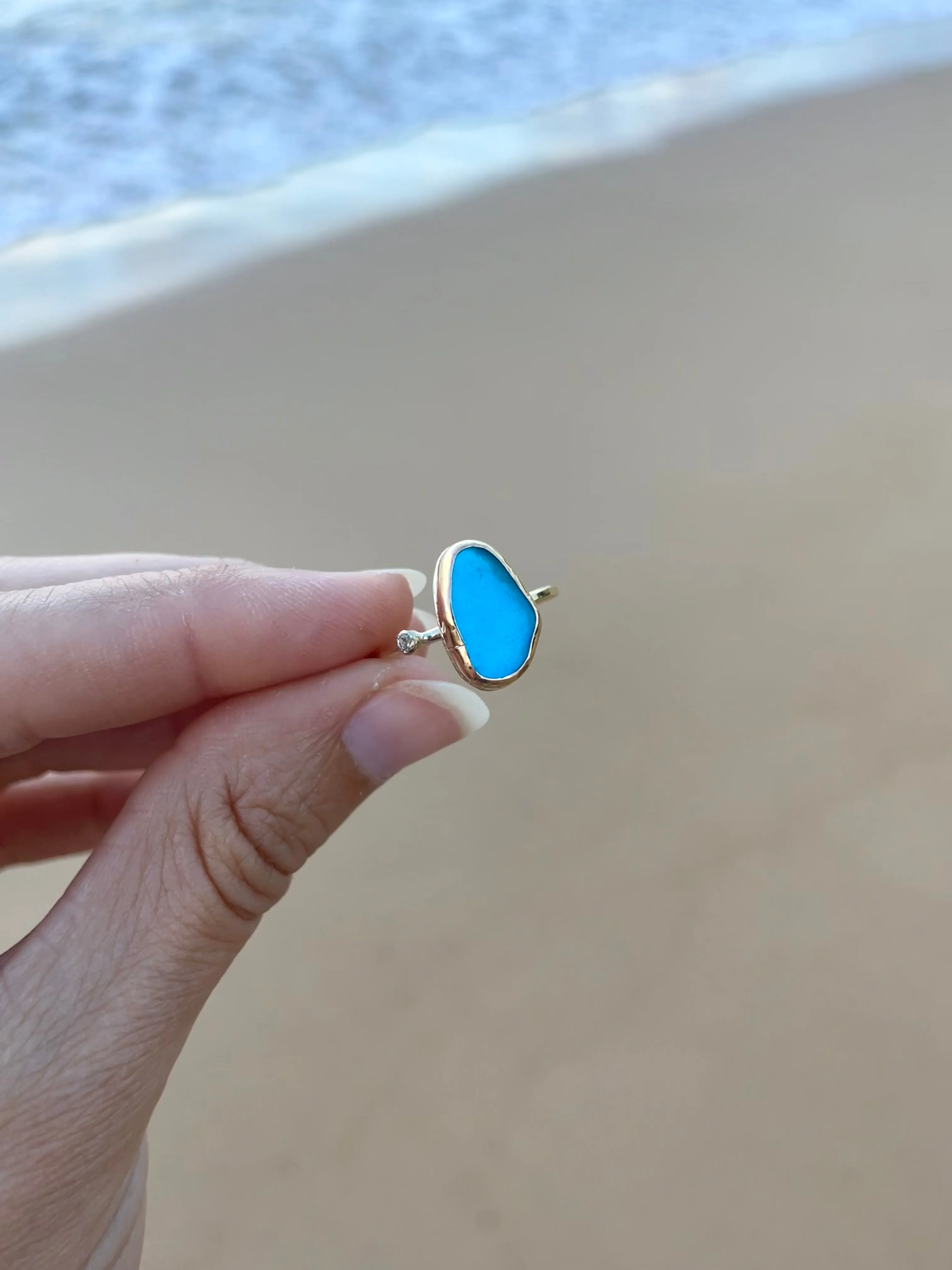 Sea Glass with White Topaz Ring