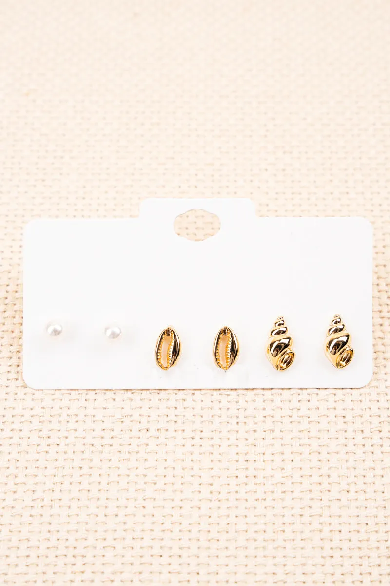 Sea Side Goldtone Stud Earrings 3 Pair Set