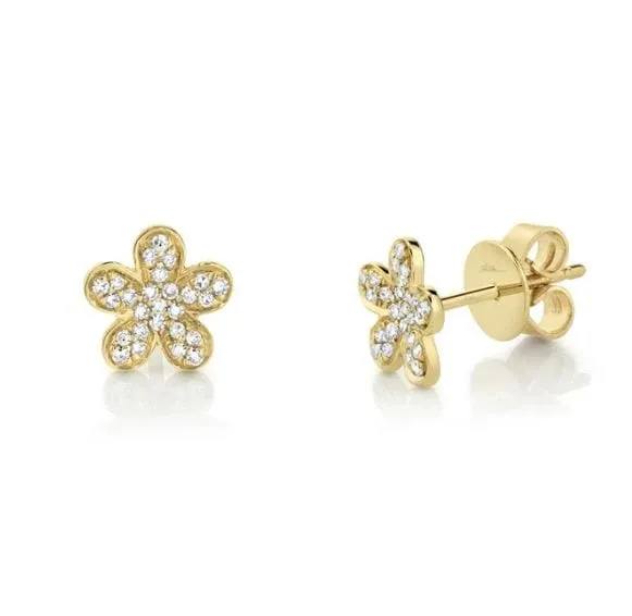 Shy Creation 14K Yellow Gold Pave Diamond Flower Studs